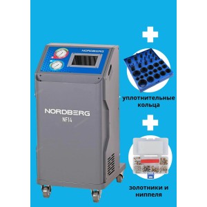 Установка для заправки автокондиционеров NORDBERG NF14 с набором уплотнительных колец Car-Tool CT-8325 и набором золотников и ниппелей NORDBERG NFA6K
