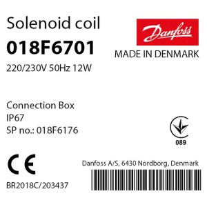 Катушка Danfoss BE230AS клапана EVR (230VAC, 12W, клем. коробка) 018F6701